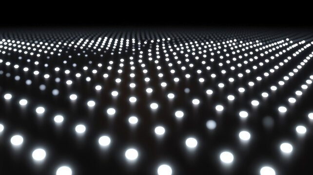 A luxurious 3D scatter plot with pulsing, glowing points floating over a reflective black grid, surrounded by a soft halo of light, ideal for futuristic data visualization and high-tech analytics.