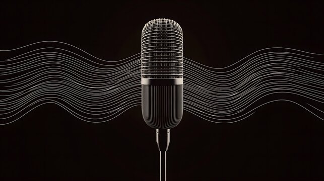 Modern microphone with abstract sound waves on a black background. World Radio Day