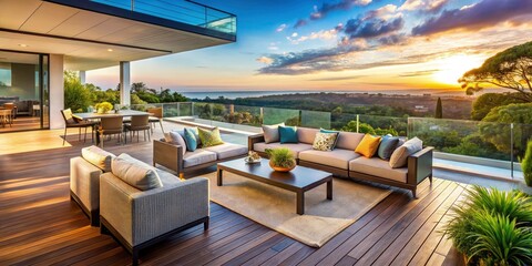 Obraz premium Modern deck terrace offers breathtaking panoramic views, complemented by stylish furniture, perfect for relaxation.