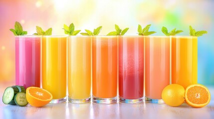 Fototapeta premium Colorful Assortment of Fresh Fruit Juices in Glasses Summer Refreshment Drinks