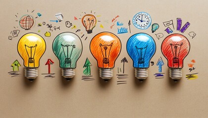 A series of handdrawn lightbulbs with businessrelated doodles like clocks, arrows, and charts, symbolizing entrepreneurship and innovation
