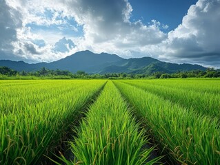 Lush green rice fields stretch towards mountains under a dramatic sky.