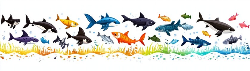 Dynamic underwater scene featuring colorful fish swimming together in a vibrant ocean landscape