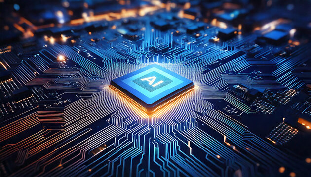 AI technology powerful computer processor microchip with circuit board lines advanced technology 3D rendering illustration design concept. Intelligence Microchip for Artificial Intelligence, robotics.