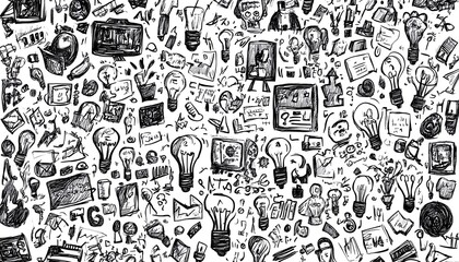 Freehand drawings of lightbulbs, business icons, and inspirational doodles, illustrating entrepreneurial creativity and business strategy