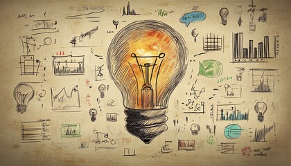Freehand sketches of lightbulbs with business growth symbols, representing fresh ideas and creative solutions in a dynamic business environment