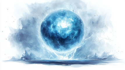 surreal watercolor painting of blue orb with lightning effects