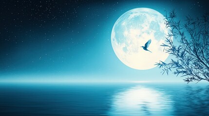 Naklejka premium A lonely bird gliding across the moonlit sky, the full moon reflecting its silhouette against the dark backdrop of the night