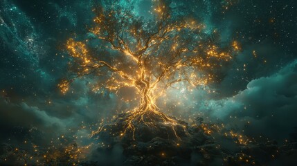 A floating tree with luminous branches in a dark sky