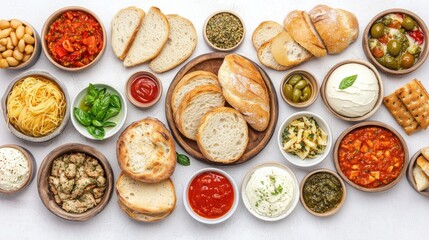 Italian Food Platter Bread Pasta Sauces Cheese Olives Antipasto