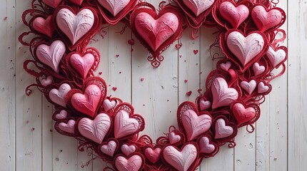 Pink and Red Heart Wreath on Rustic Wooden Background