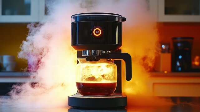 A coffee maker brews coffee, producing steam and a dramatic effect in a modern kitchen setting.