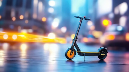 A modern electric scooter parked on a busy urban sidewalk, symbolizing the growth of sustainable transportation in cities on white background