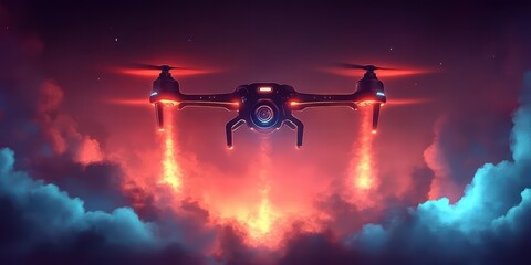 A futuristic drone illuminates the dark sky with fiery jets, soaring through vibrant clouds in a visually striking sci-fi scene.