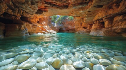 Crystal-clear river flowing through a sunlit cave.