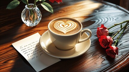 Romantic Coffee Latte with Heart Art, Roses, and a Handwritten Note on Wooden Table