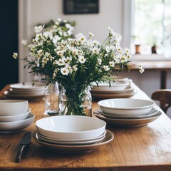 Daisies in vase on rustic table setting.