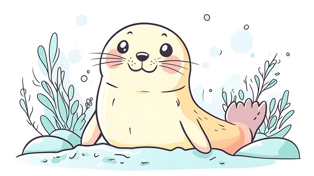 An adorable seal lying on a pastel ice floe, soft pastel tones, clean white background, minimalistic hand-drawn style, kawaii aesthetic, hd resolution, smooth textures, warm and inviting look.