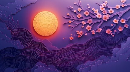 A vibrant sunset scene featuring a large orange sun, blooming cherry blossoms, and flowing waves, set against a purple sky.