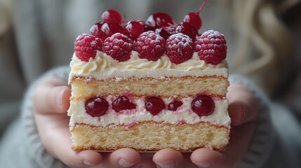 Delicious raspberry cake slice held, creamy frosting, winter background.