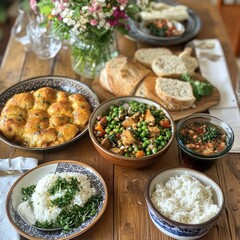 Delicious vegetarian dinner party, wood table, spring flowers.