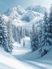 A serene winter landscape featuring snow-covered mountains and evergreen trees.