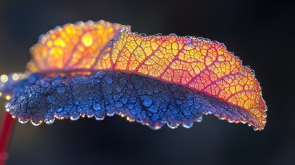 Dew-covered autumn leaf backlit by sunlight, showcasing vibrant colors and intricate venation.
