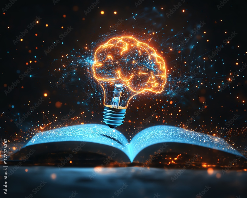 Poster Virtual digital brain concept with AI technology, light bulb glowing above an open book with tech elements