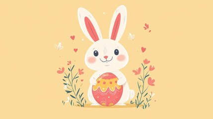 Fototapeta premium A simple clipart of a smiling Easter bunny holding a decorated egg, with clean lines and pastel colors.
