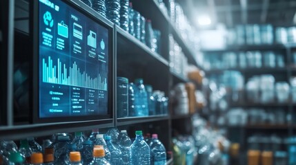 Inventory management system in warehouse with digital screen and plastic bottles