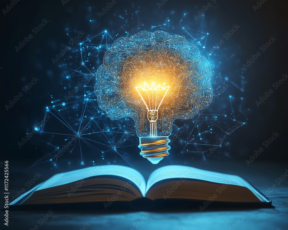 Leinwandbilder Virtual digital brain concept with AI technology, light bulb glowing above an open book with tech elements