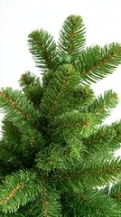 Obraz premium Close-up of artificial fir tree branches with a small green ornament. The image shows lush, detailed needles and a realistic appearance.