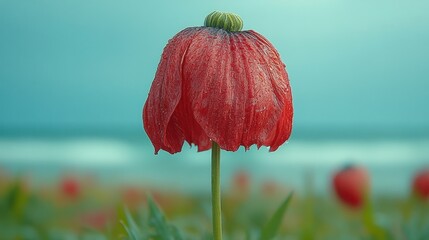 Dewy red poppy near ocean, coastal field.