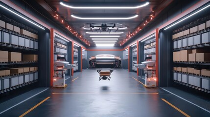 A dynamic 3D rendering of a fully automated cargo storage facility, with drones delivering packages