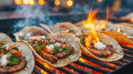 Delicious grilled tacos with sizzling meat, fresh toppings, and flames, creating a vibrant and appetizing cooking scene.