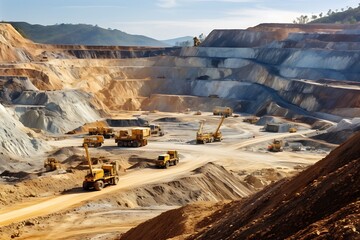 A large open-pit mine with heavy machinery and mineral extraction.