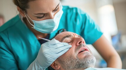 Dermatologist conducting biopsy on suspicious skin lesion in clinical setting – medical procedure close-up health examination