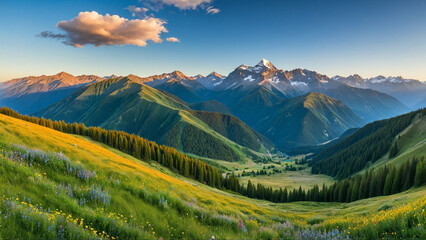 Fototapeta premium Stunning panorama of the mountain landscape, featuring rolling hills and majestic peaks under a clear blue sky
