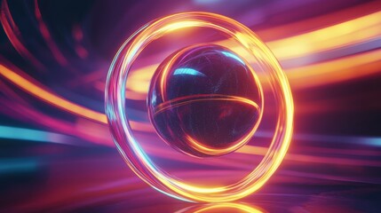 Glowing geometric rings orbiting a surreal cosmic sphere