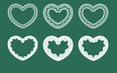 Laser cut frame in the shape of a heart with lace border. A set of the foundations for paper doily for a wedding. Vector templates for cutting out.

