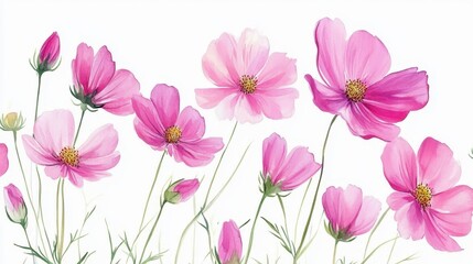 Watercolor Illustration set of Pink cosmos flowers on a white background,spring summer nature,Vibrant pink cosmos blooming,Children's card,banner,raindrops drawn by hand.