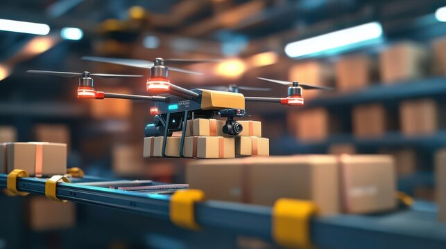 A sleek drone delivery system in action, with parcels neatly organized for transport, digital, vibrant and dynamic