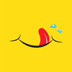 Yummy smile emoticon with tongue lick mouth. Tasty food eating emoji face. Delicious cartoon with saliva drops on yellow background. Smile face line design. Savory gourmet. Yummy vector