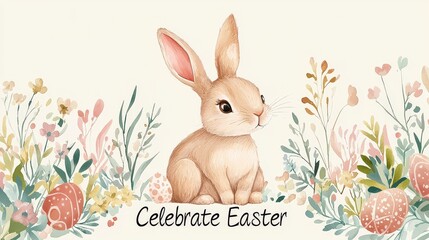 Obraz premium An elegant Easter banner with a cartoon bunny, soft pastel tones, and a cheerful 