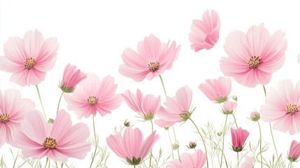 Fototapeta premium Watercolor Illustration set of Pink cosmos flowers on a white background,spring summer nature,Vibrant pink cosmos blooming,Children's card,banner,raindrops drawn by hand.