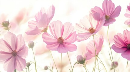 Obraz premium Watercolor Illustration set of Pink cosmos flowers on a white background,spring summer nature,Vibrant pink cosmos blooming,Children's card,banner,raindrops drawn by hand.