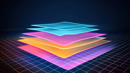 A luxurious cumulative flow diagram with neon, flowing layers in radiant colors, elegantly overlaying a high-tech textured grid, creating a futuristic and dynamic visual representation of data trends.