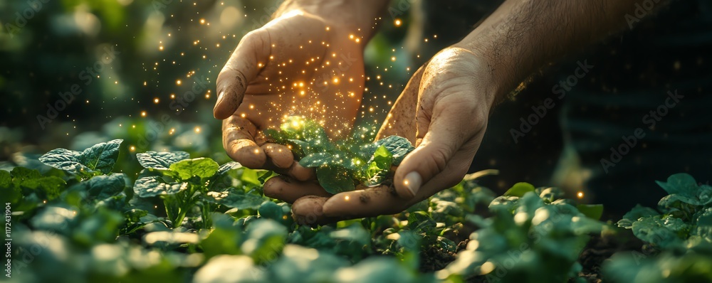 Poster advanced smart farming, hand planting crops with visual concepts of iot and ai analyzing agricultura