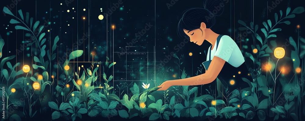 Poster advanced smart farming, hand planting crops with visual concepts of iot and ai analyzing agricultura