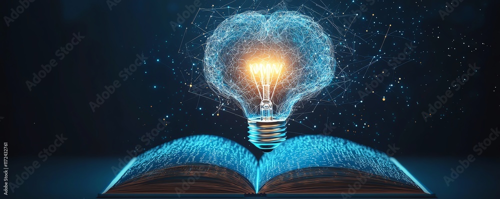 Aufkleber ai and machine learning illustration, light bulb and virtual digital brain above an open book, symbo